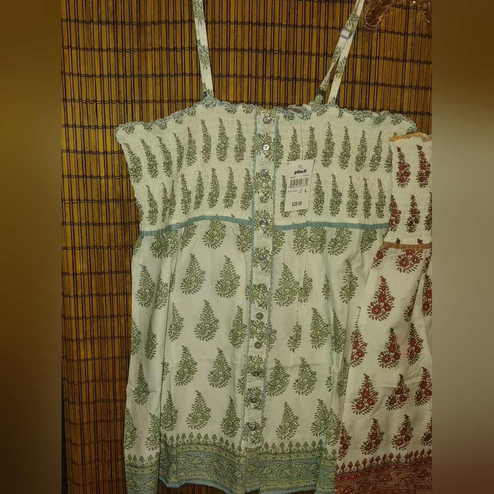 NEW pUnch Boho Sleeveless Camisole Top with Green & White Pattern